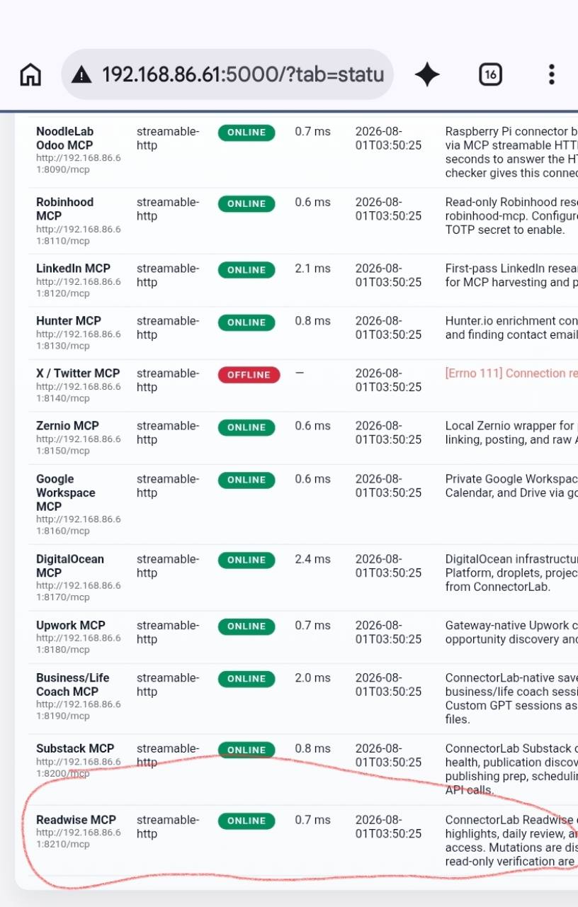 Noodle MCP Gateway status screen with Readwise MCP online
