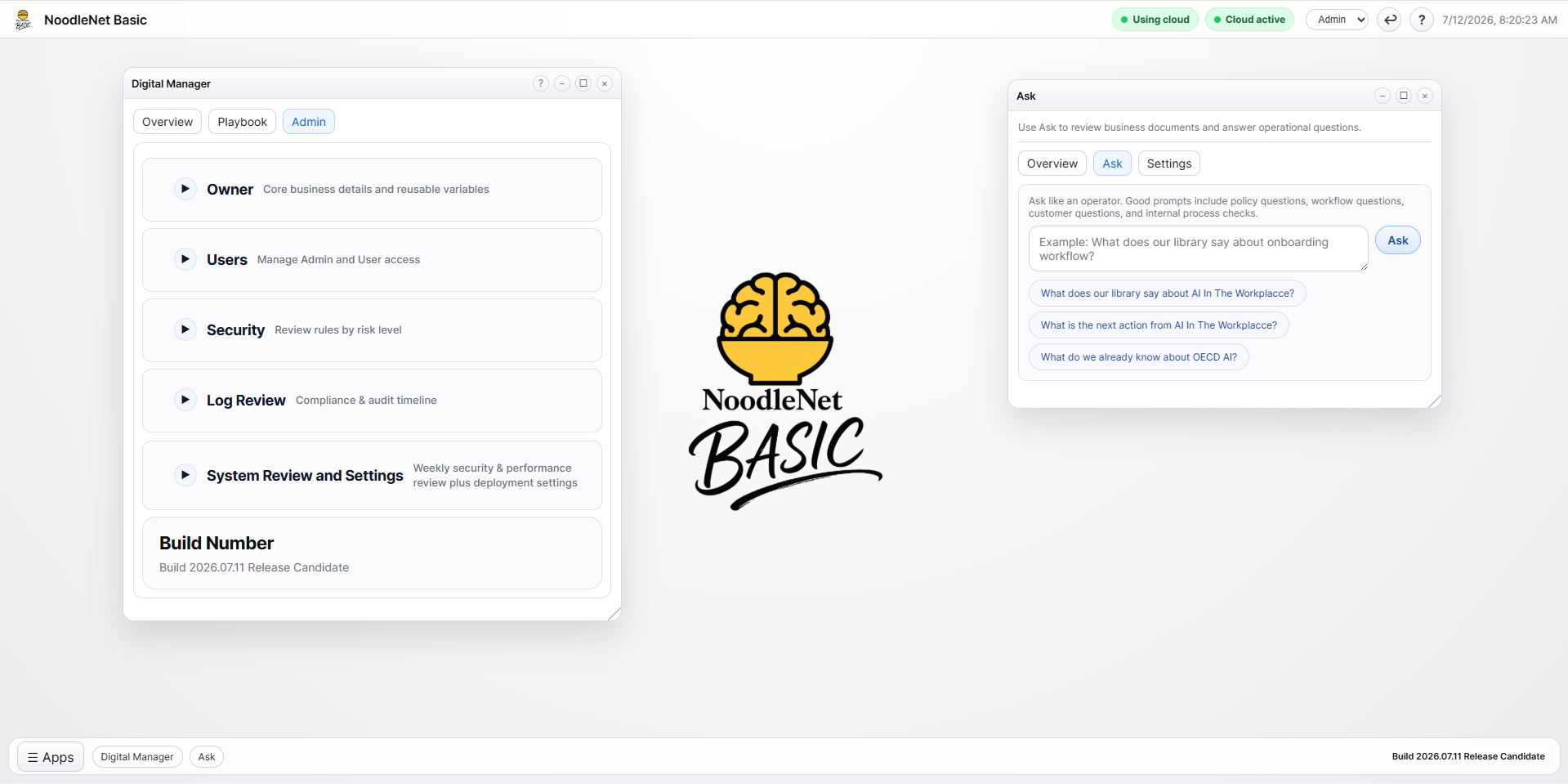 NoodleNet BASIC dashboard showing Digital Manager, Ask, and the BASIC logo