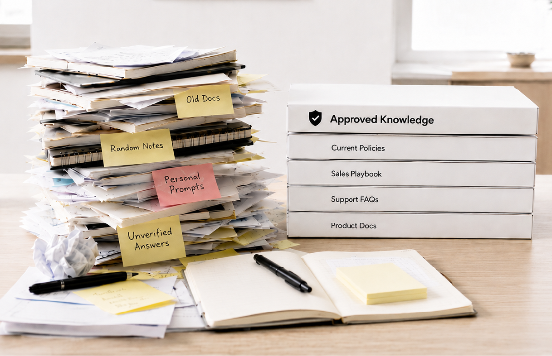 Messy stack of old docs, random notes, personal prompts, and unverified answers beside neatly organized approved knowledge binders